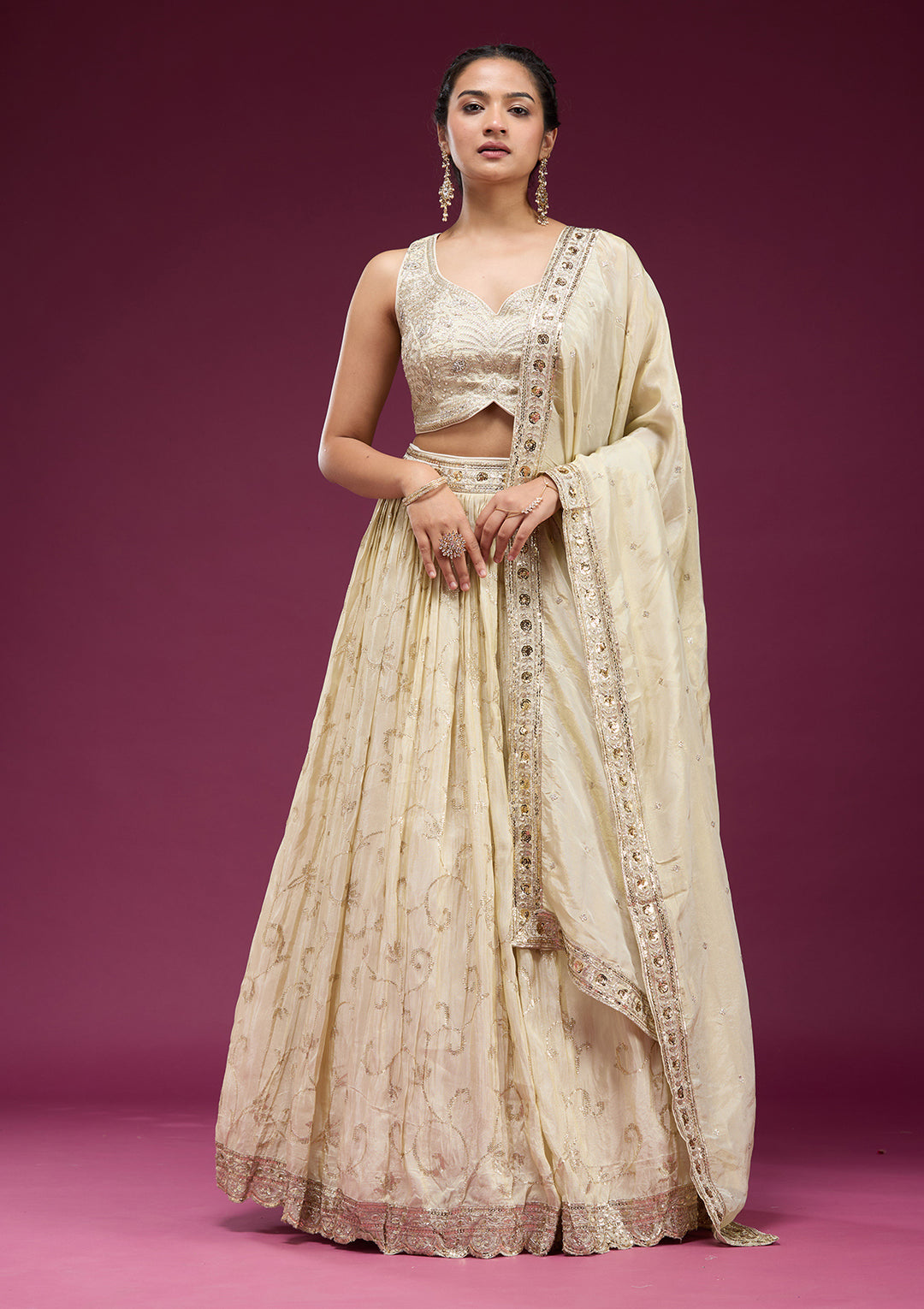 Cream Zariwork Semi Crepe Readymade Lehenga