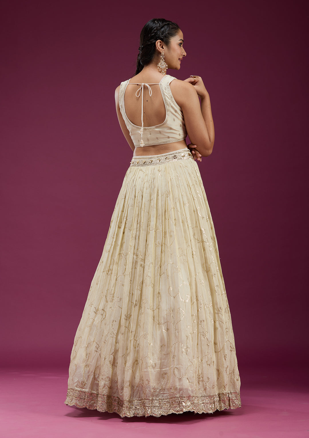 Cream Zariwork Semi Crepe Readymade Lehenga