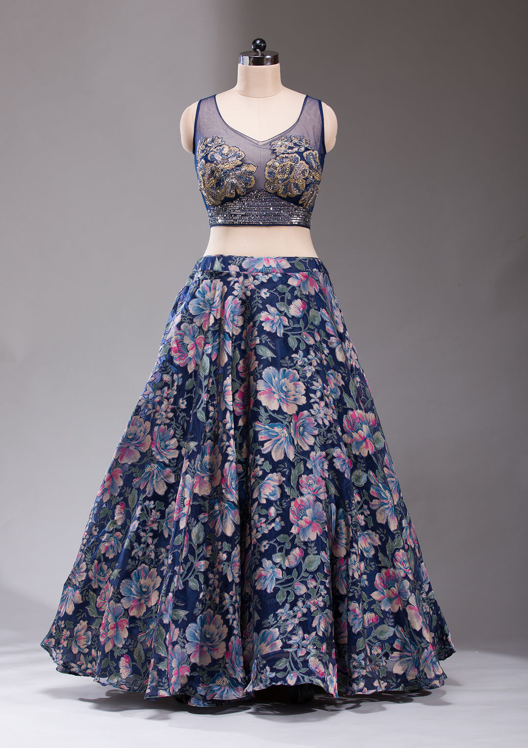 Koskii Tissue Navy Blue Lehenga – Studded with Stonework