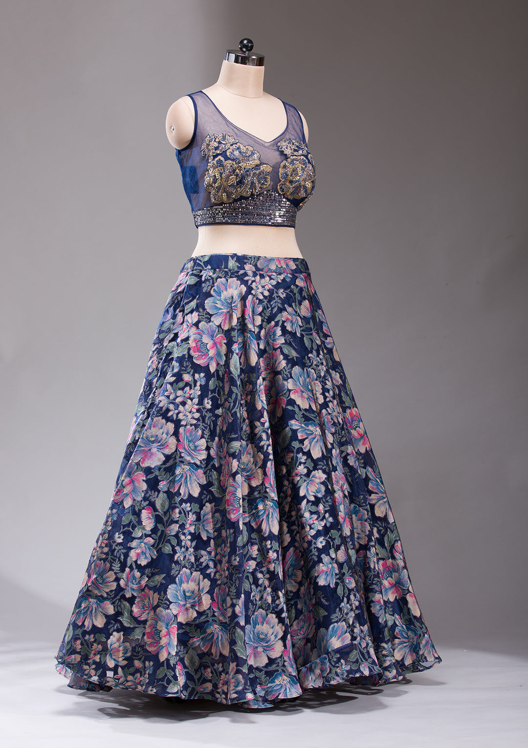 Koskii Tissue Navy Blue Lehenga – Studded with Stonework