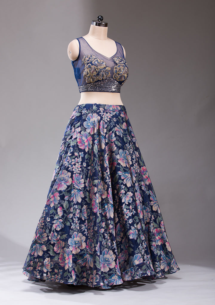 Koskii Tissue Navy Blue Lehenga – Studded with Stonework