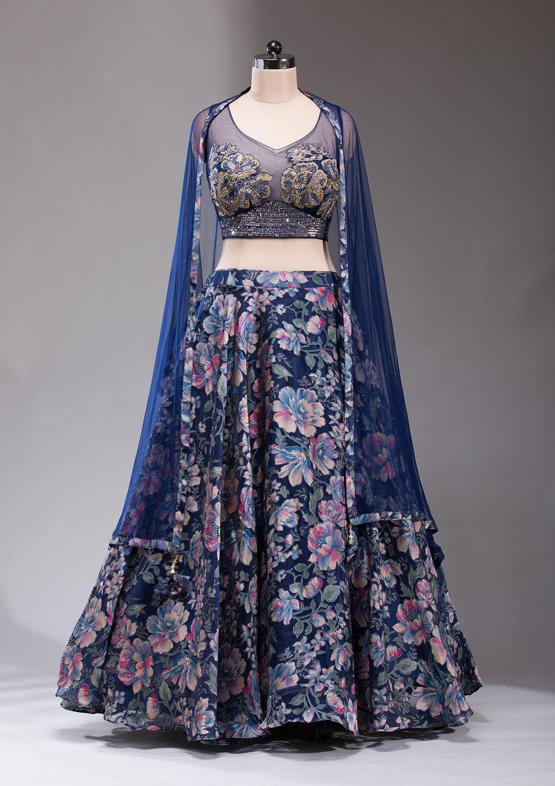 Koskii Tissue Navy Blue Lehenga – Studded with Stonework