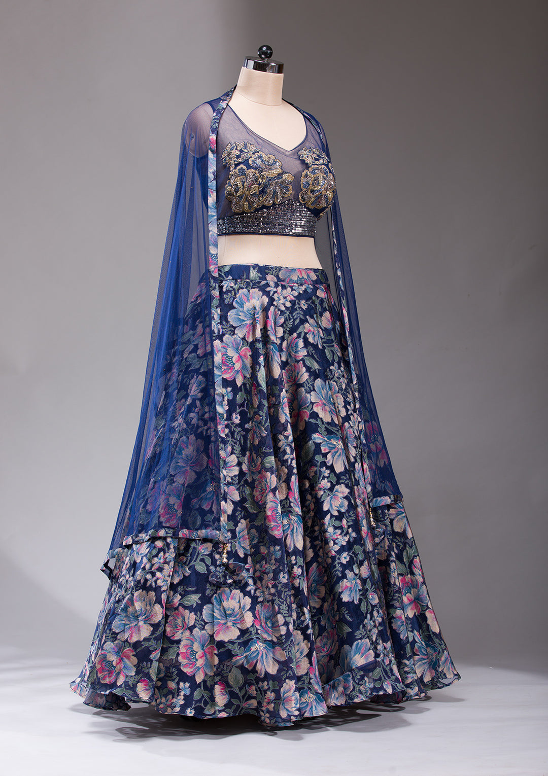 Koskii Tissue Navy Blue Lehenga – Studded with Stonework
