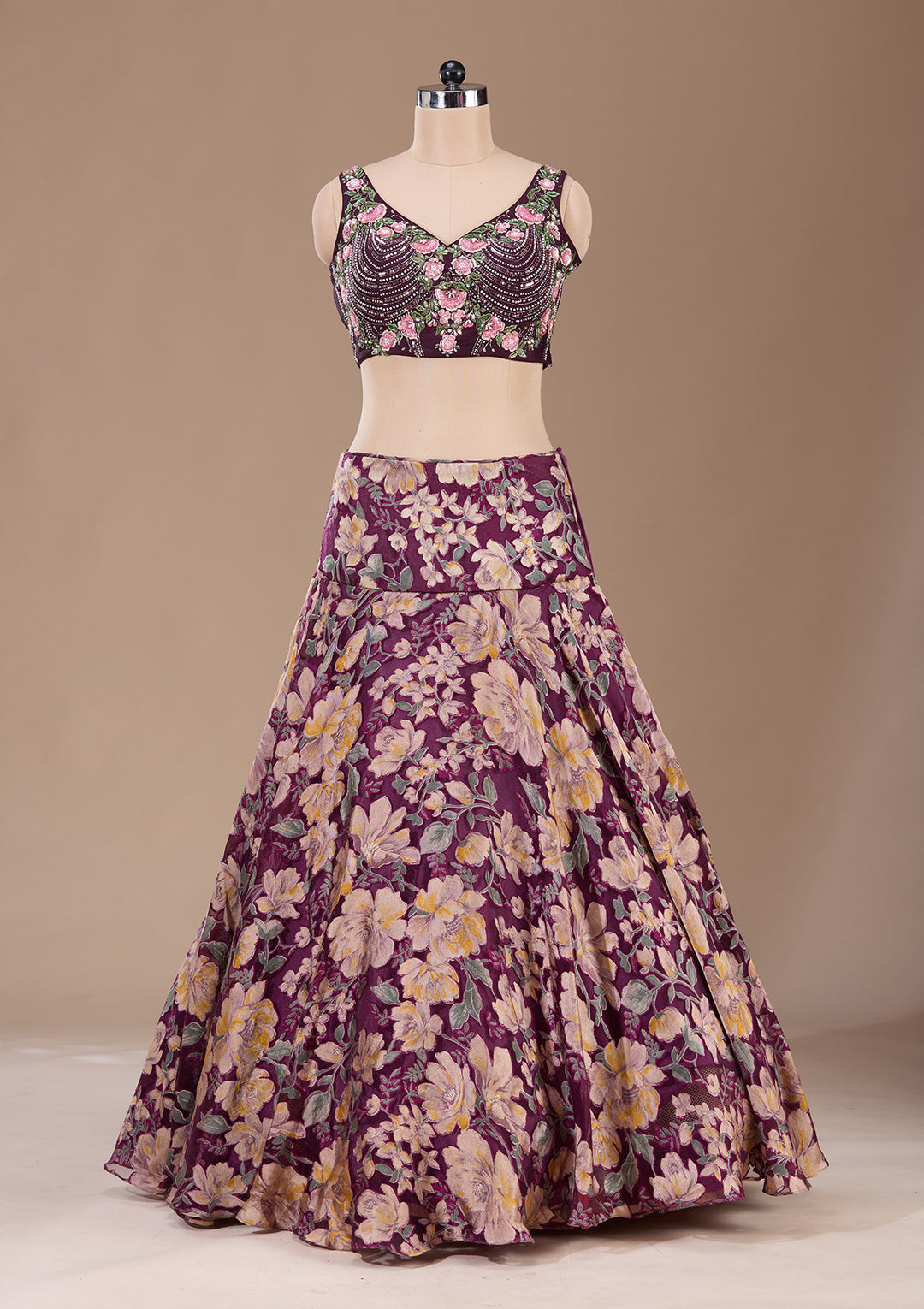 Wine Stonework Tissue Readymade Lehenga