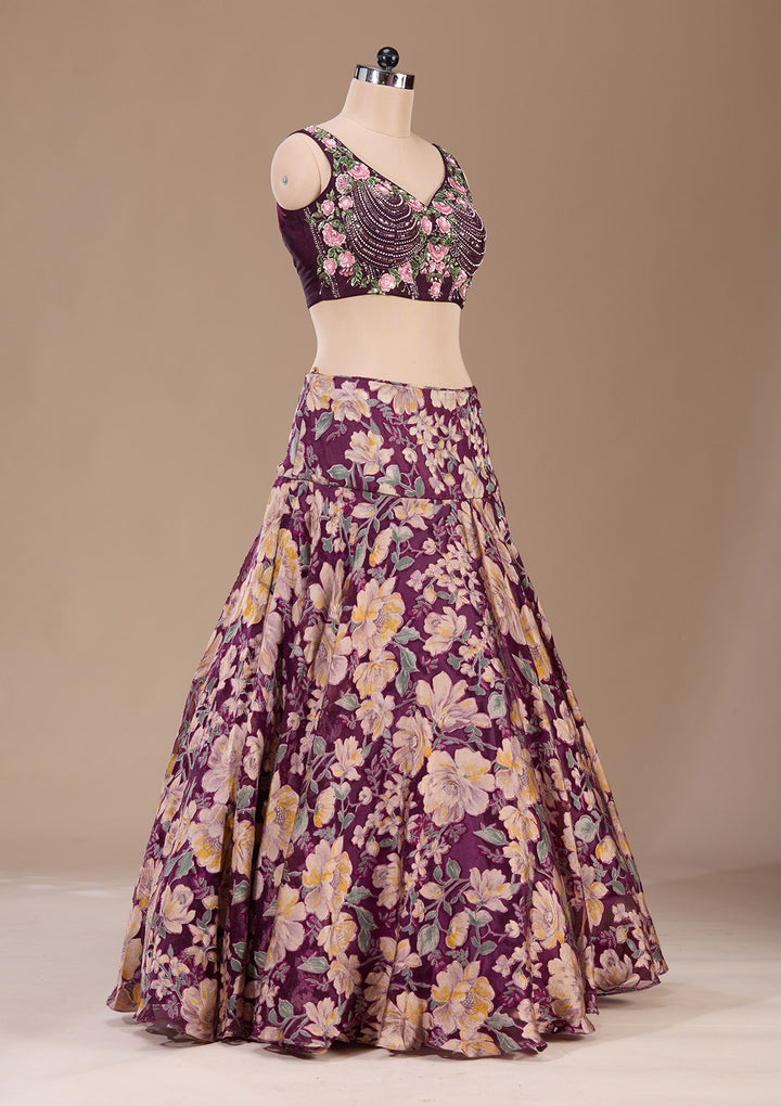 Wine Stonework Tissue Readymade Lehenga