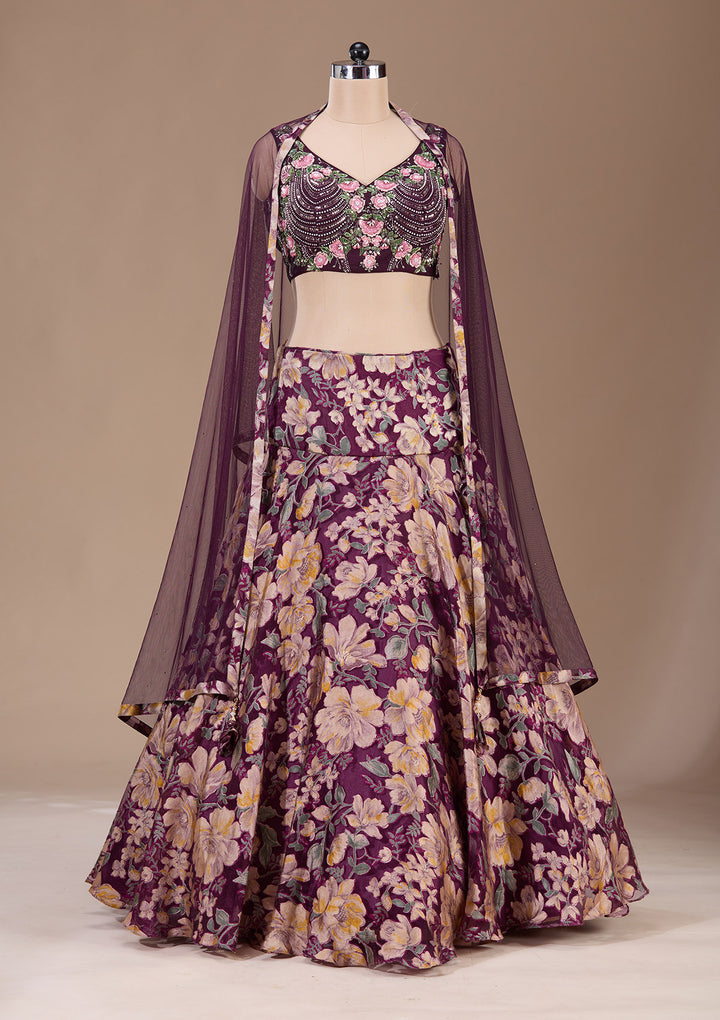 Wine Stonework Tissue Readymade Lehenga