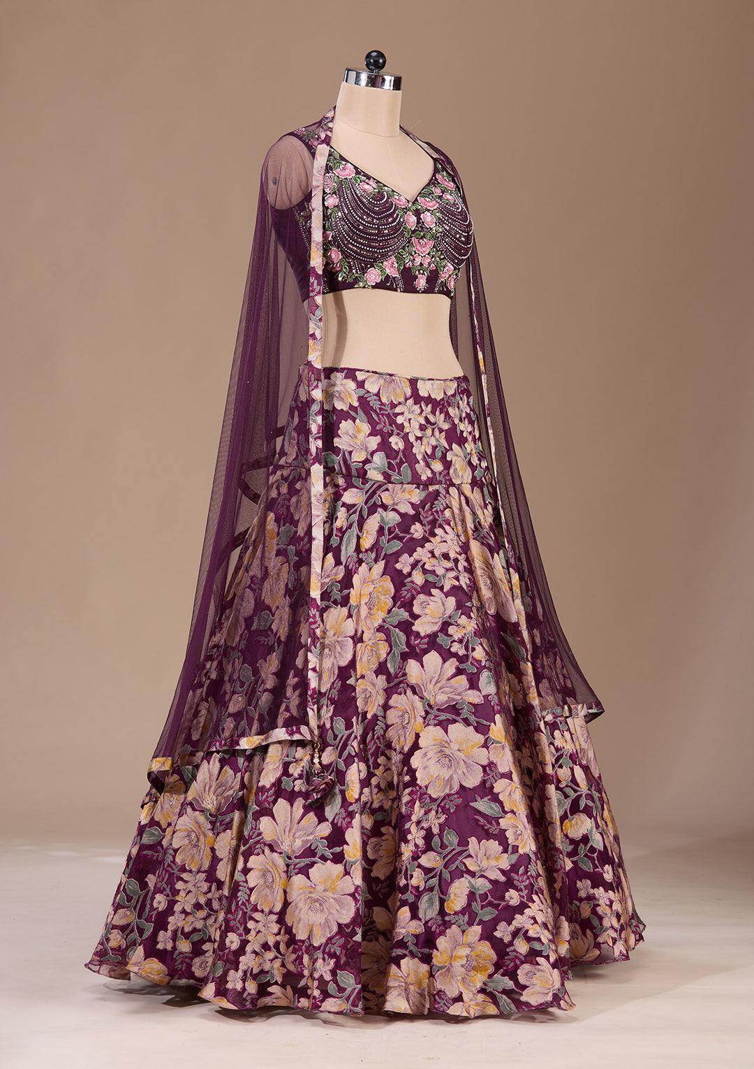 Wine Stonework Tissue Readymade Lehenga