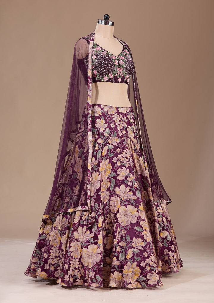 Wine Stonework Tissue Readymade Lehenga