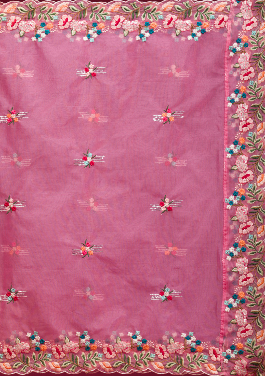 Pink Threadwork Tissue Readymade Lehenga