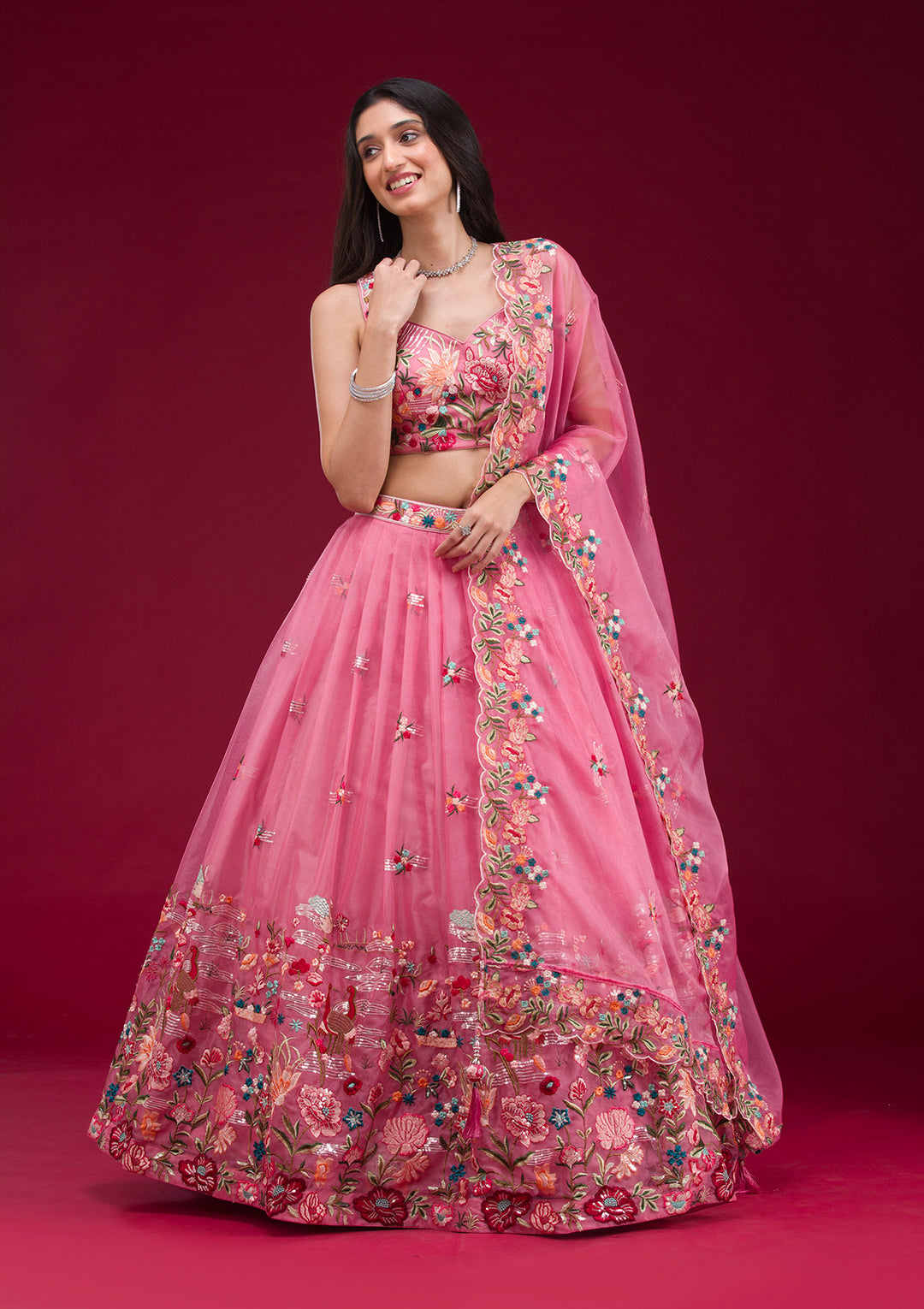 Pink Threadwork Tissue Readymade Lehenga