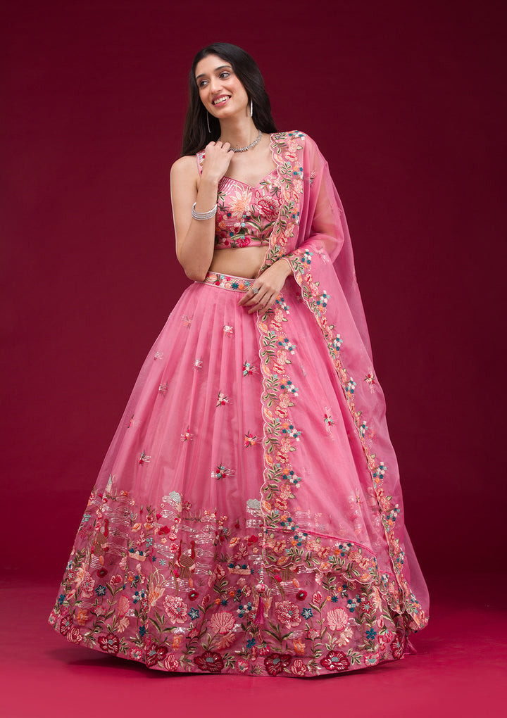 Pink Threadwork Tissue Readymade Lehenga