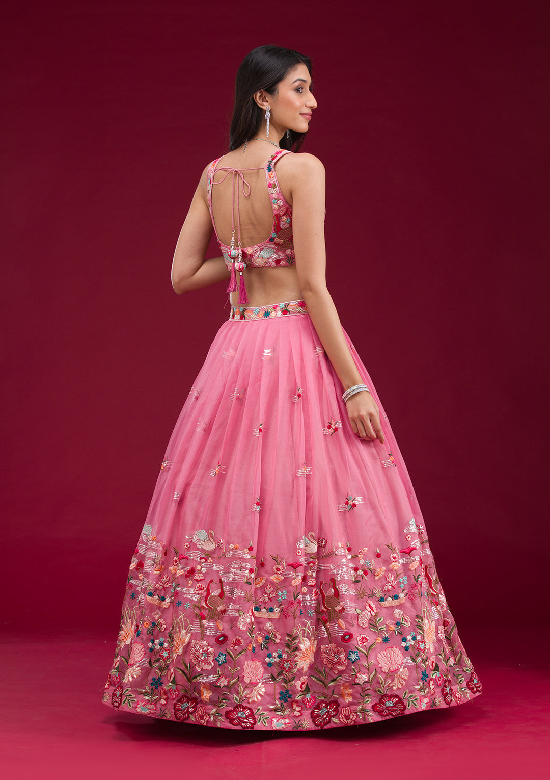 Pink Threadwork Tissue Readymade Lehenga