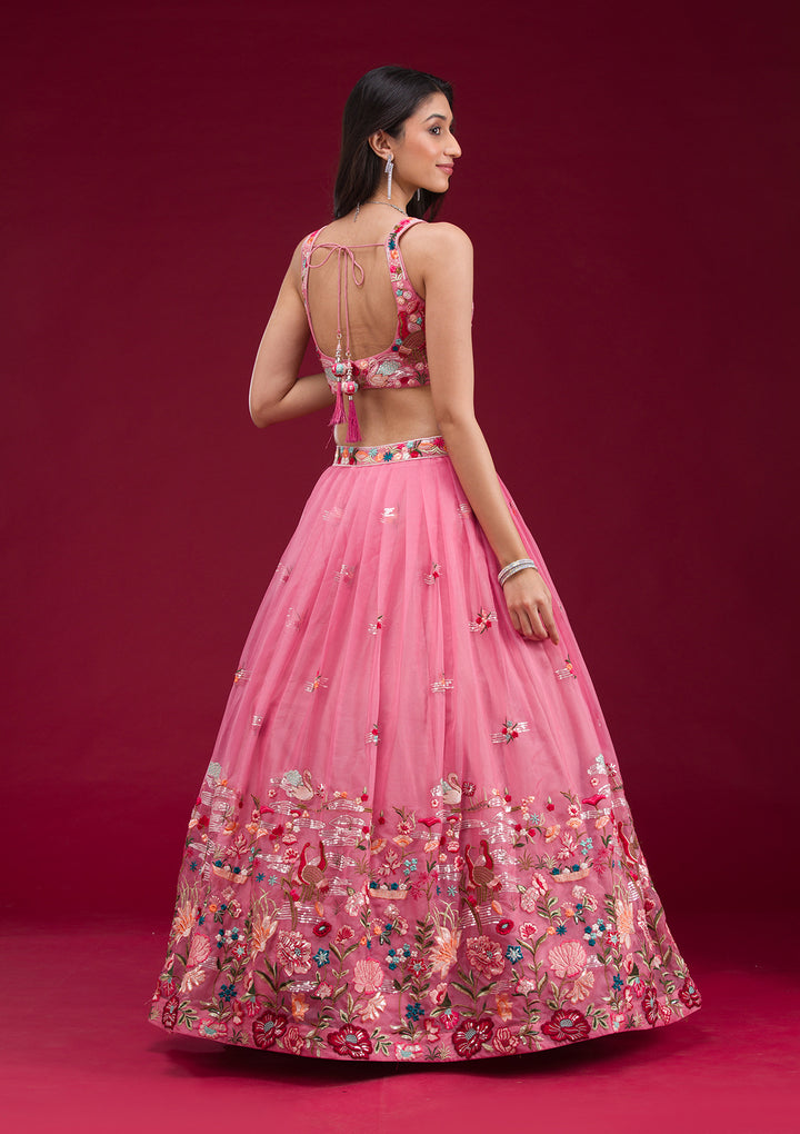 Pink Threadwork Tissue Readymade Lehenga