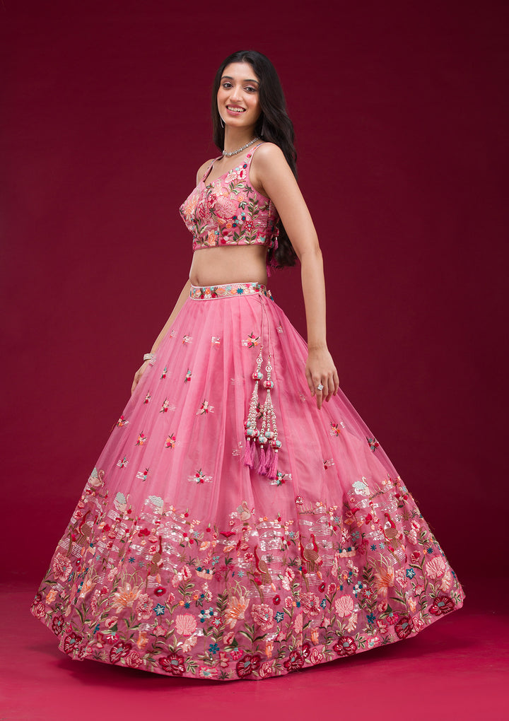 Pink Threadwork Tissue Readymade Lehenga