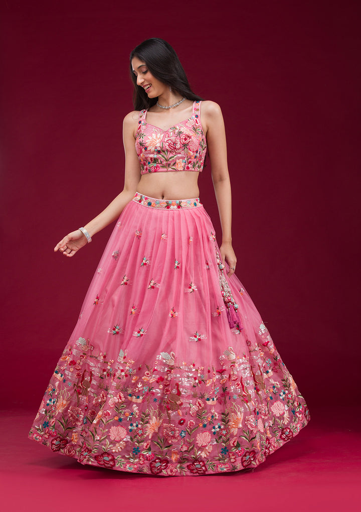 Pink Threadwork Tissue Readymade Lehenga