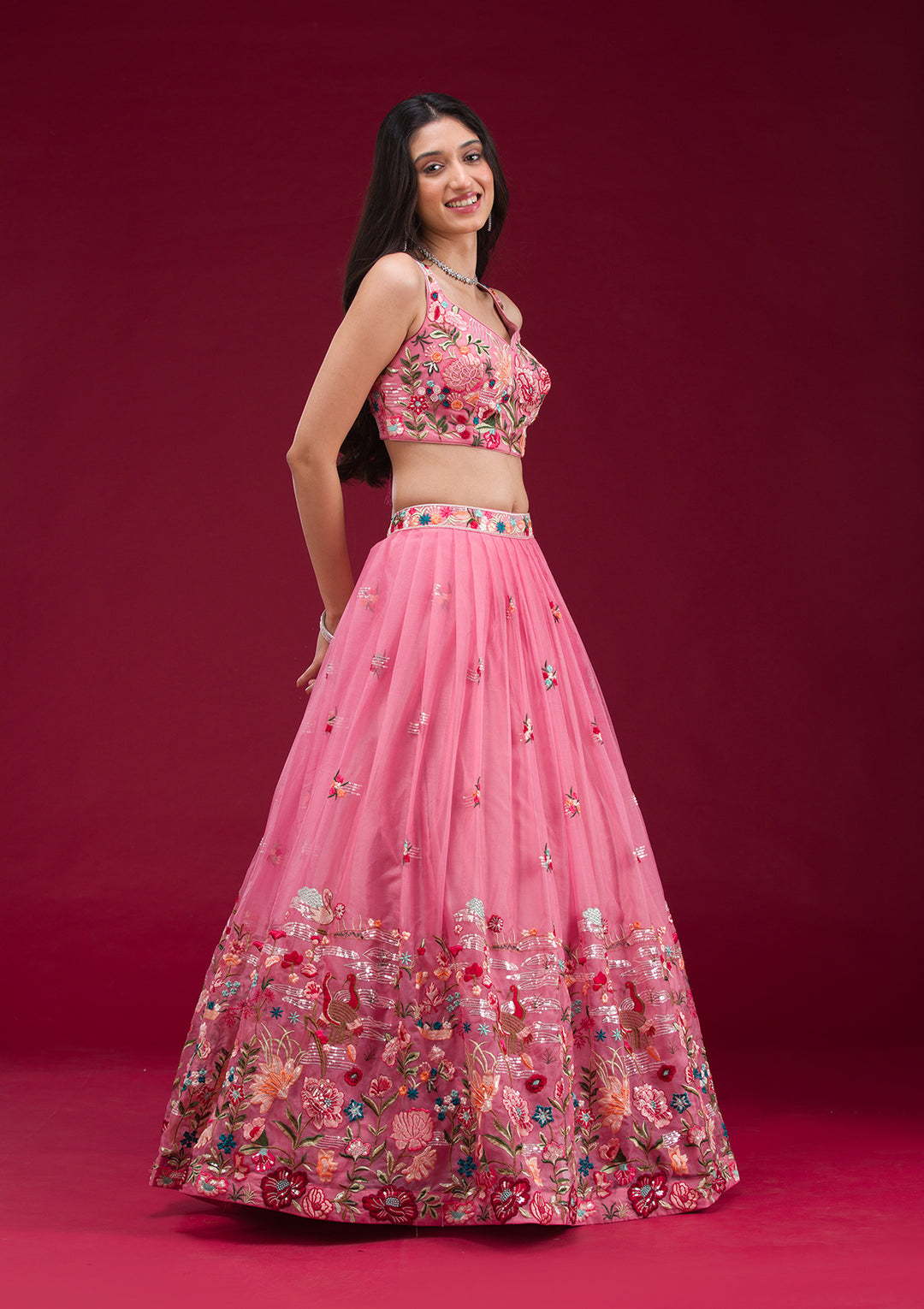 Pink Threadwork Tissue Readymade Lehenga
