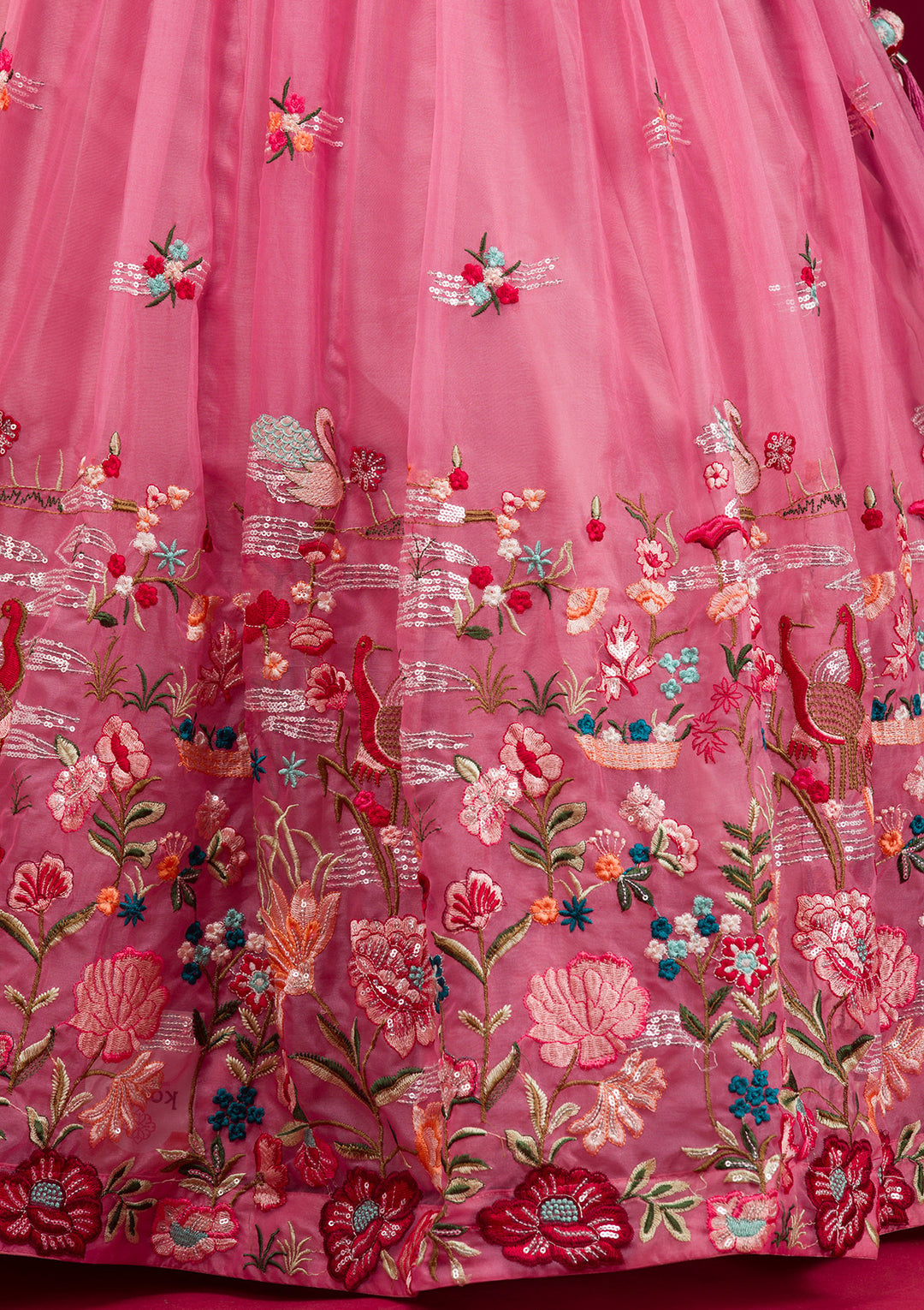 Pink Threadwork Tissue Readymade Lehenga