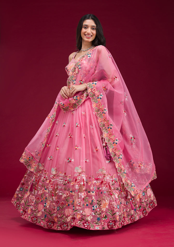 Pink Threadwork Tissue Readymade Lehenga