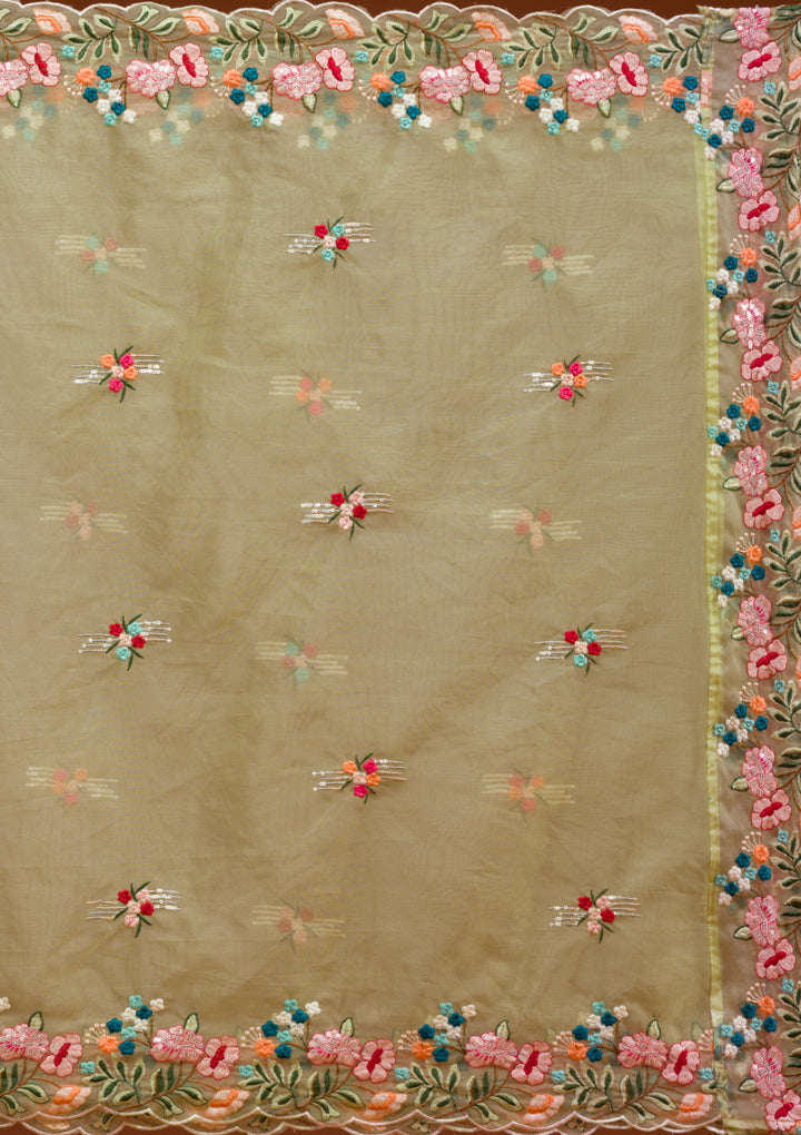 Pista Green Threadwork Tissue Readymade Lehenga