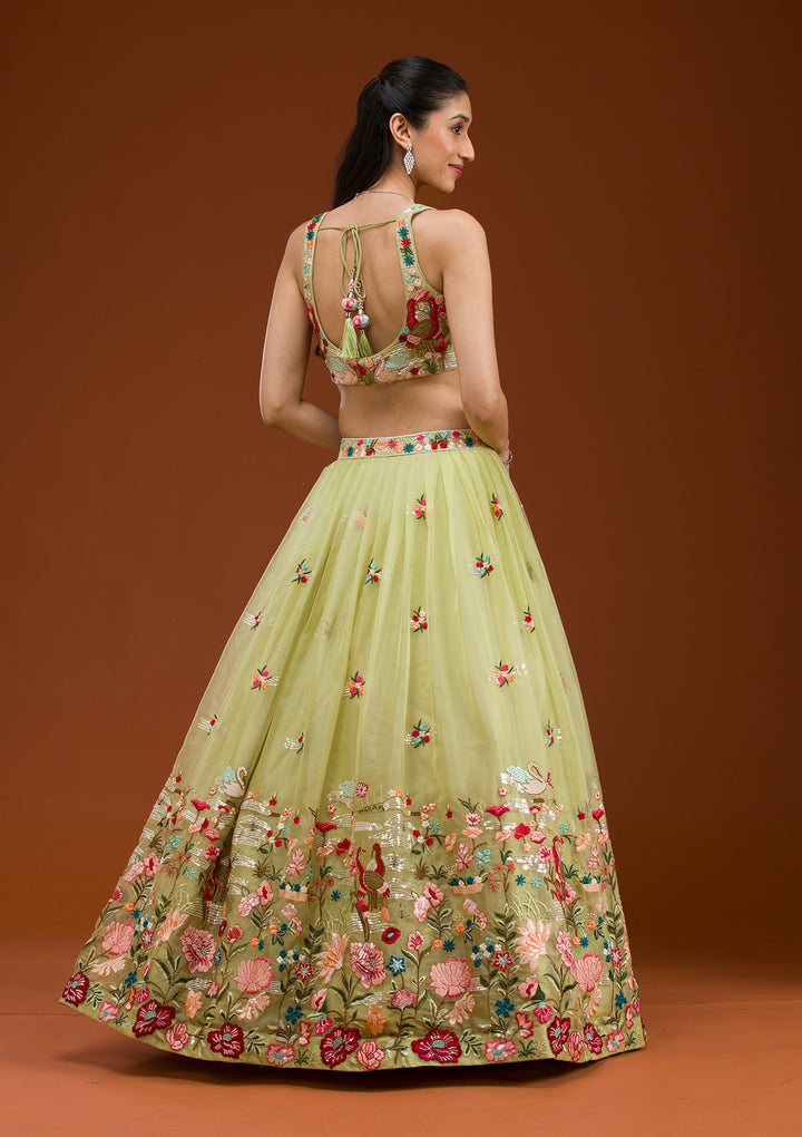 Pista Green Threadwork Tissue Readymade Lehenga