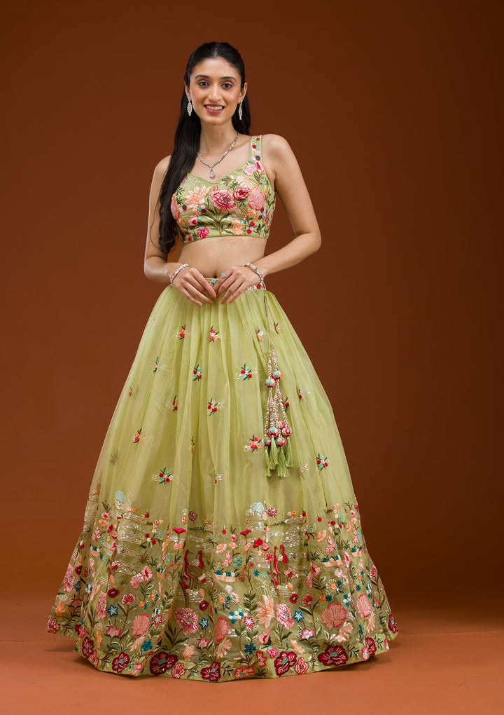 Pista Green Threadwork Tissue Readymade Lehenga