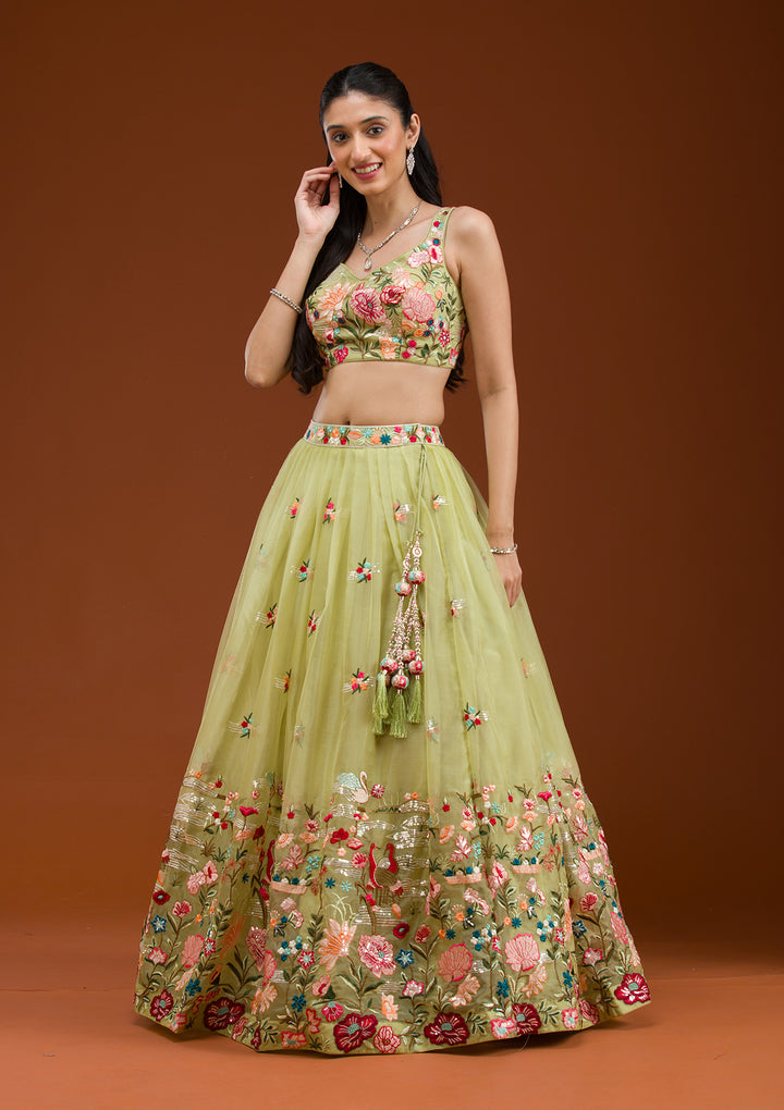 Pista Green Threadwork Tissue Readymade Lehenga