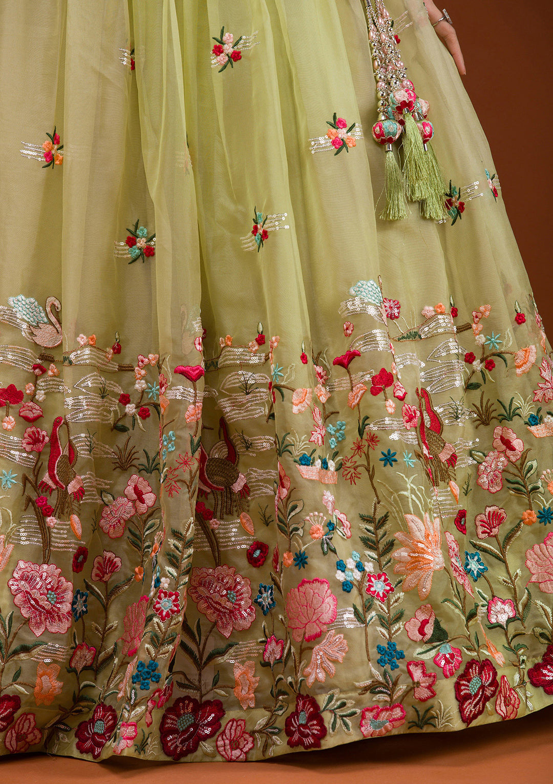 Pista Green Threadwork Tissue Readymade Lehenga