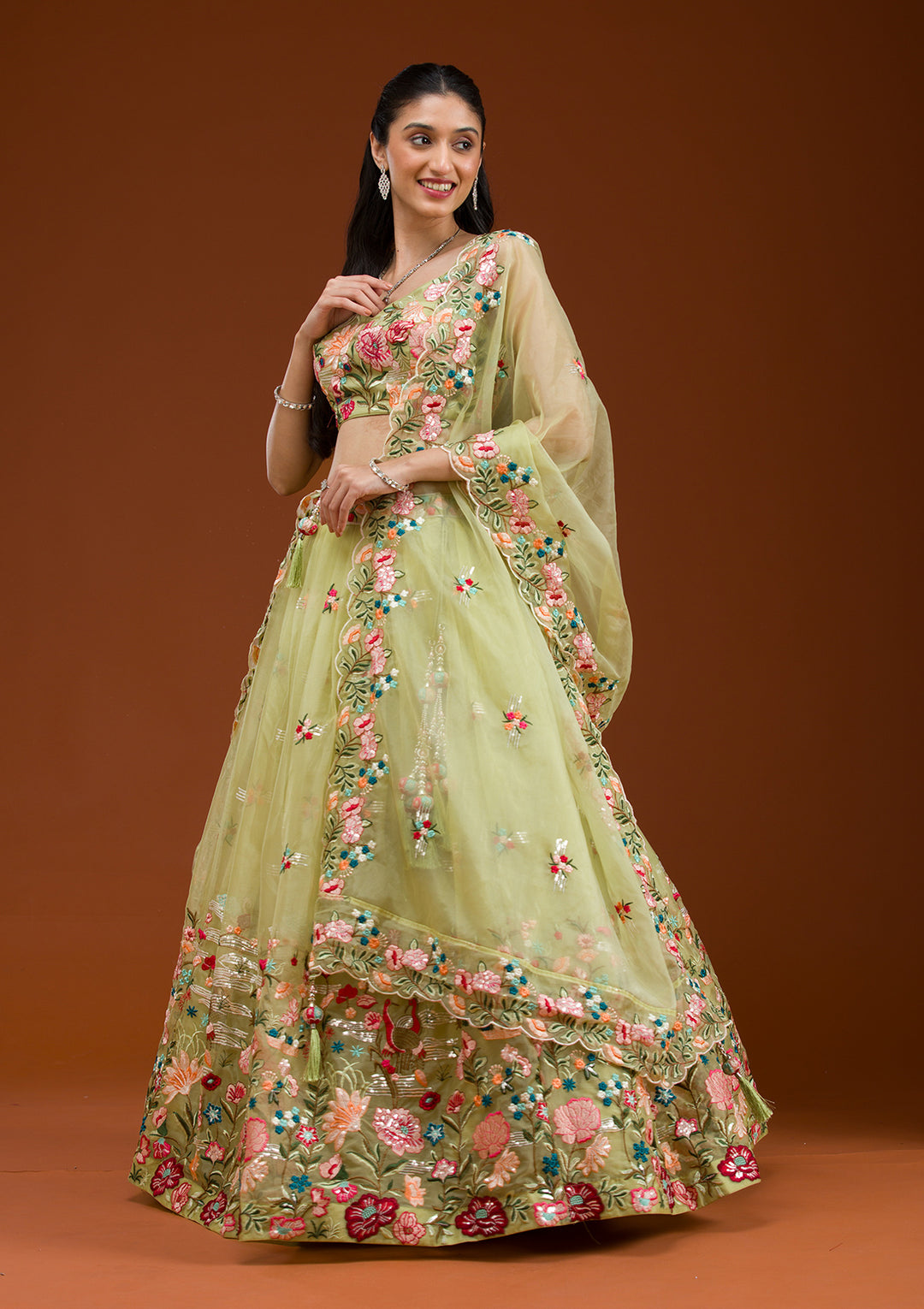 Pista Green Threadwork Tissue Readymade Lehenga