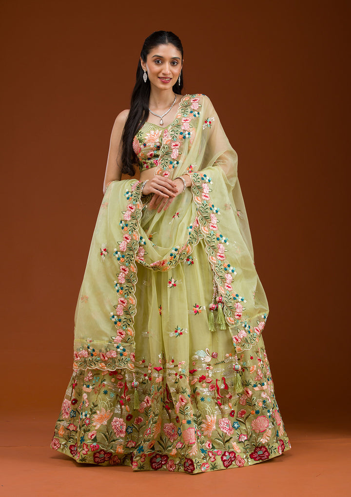 Pista Green Threadwork Tissue Readymade Lehenga