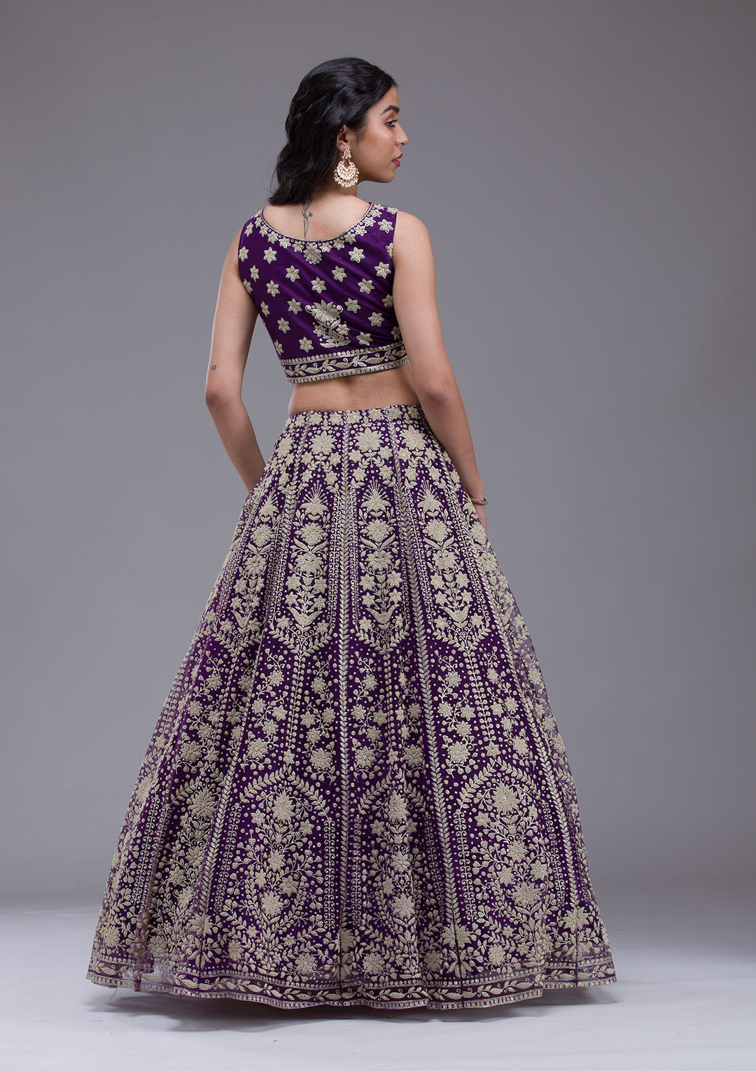 Purple Threadwork Net Readymade Lehenga