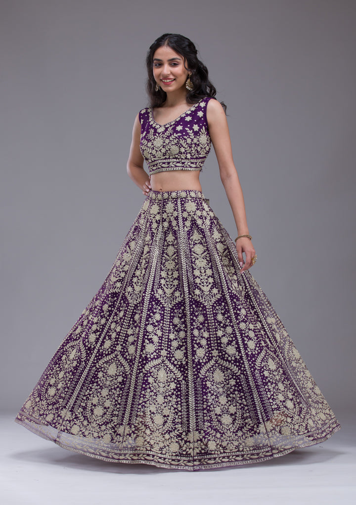 Purple Threadwork Net Readymade Lehenga
