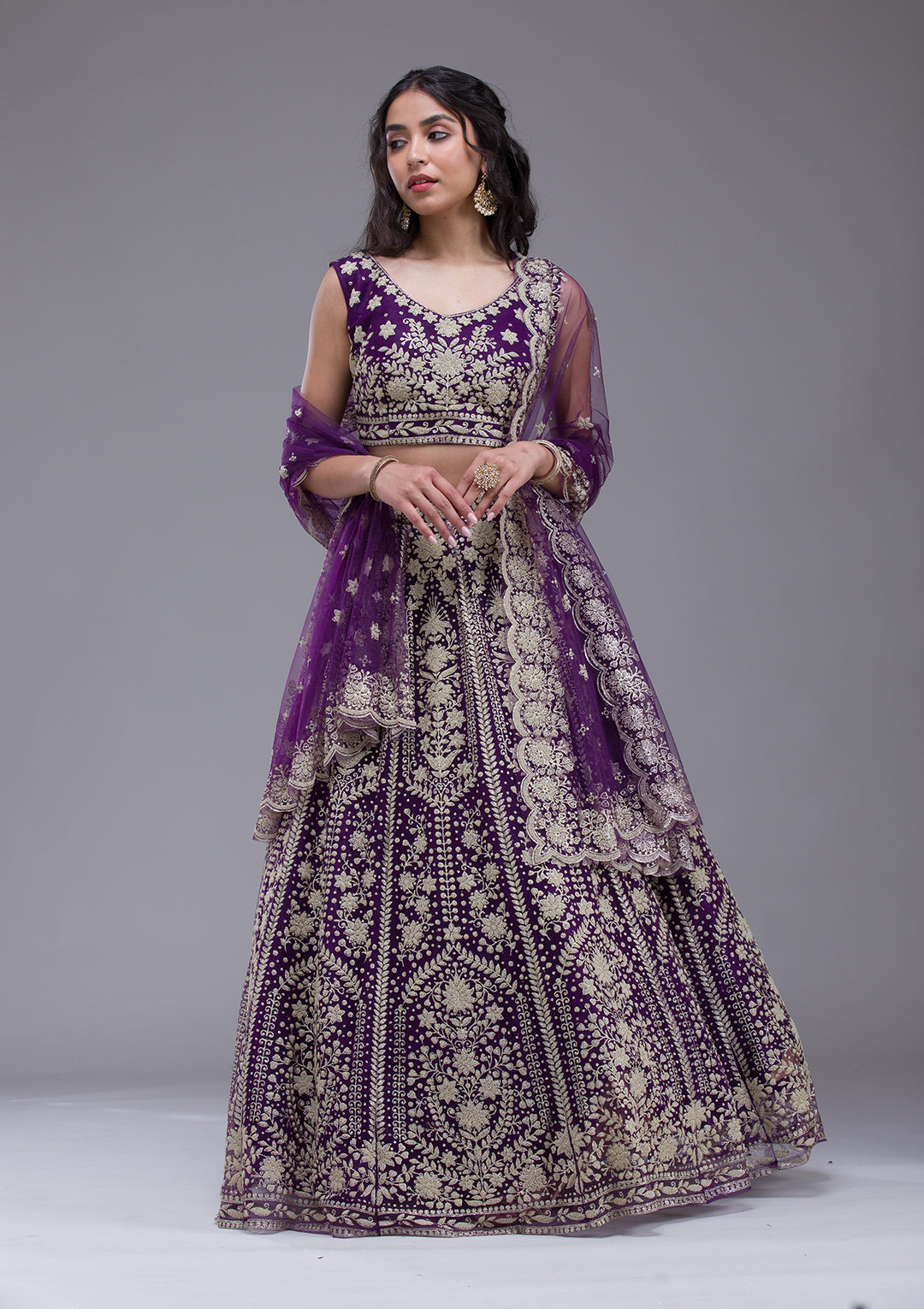 Purple Threadwork Net Readymade Lehenga