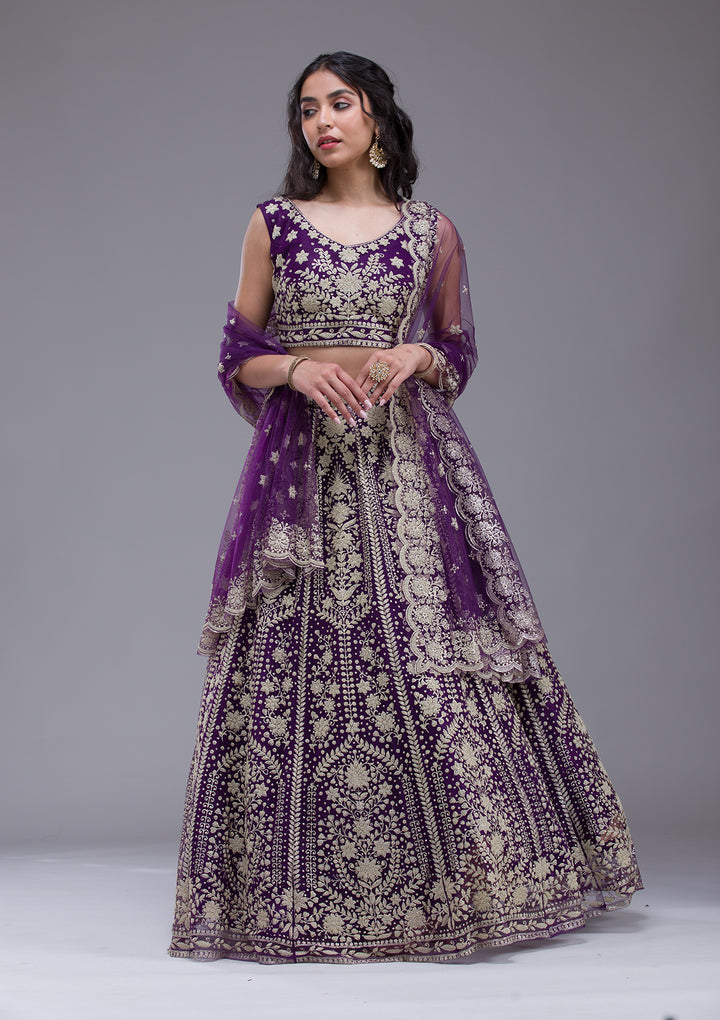 Purple Threadwork Net Readymade Lehenga