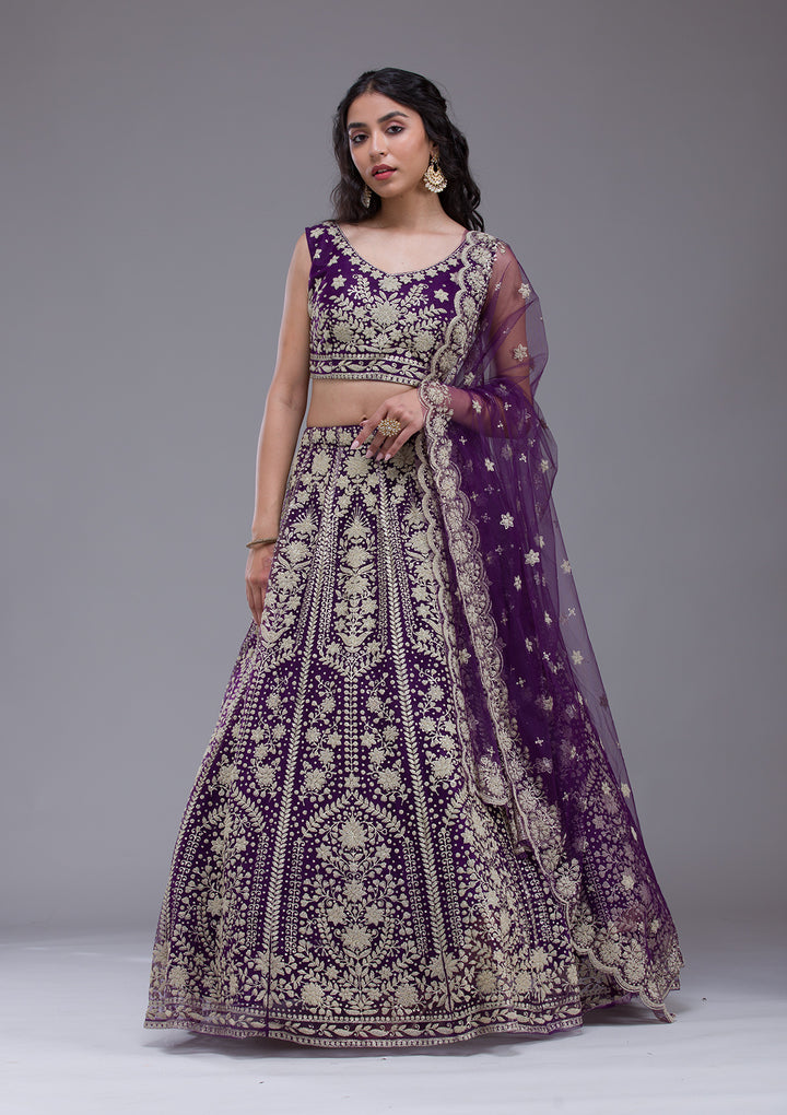 Purple Threadwork Net Readymade Lehenga
