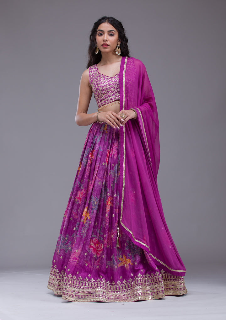 Wine Sequins Georgette Readymade Lehenga
