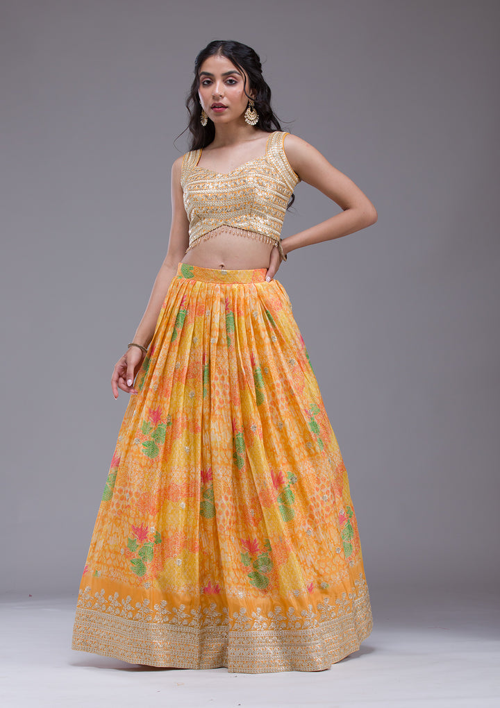 Mustard Sequins Georgette Readymade Lehenga