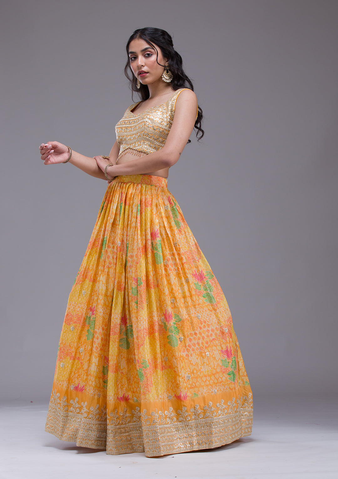 Mustard Sequins Georgette Readymade Lehenga