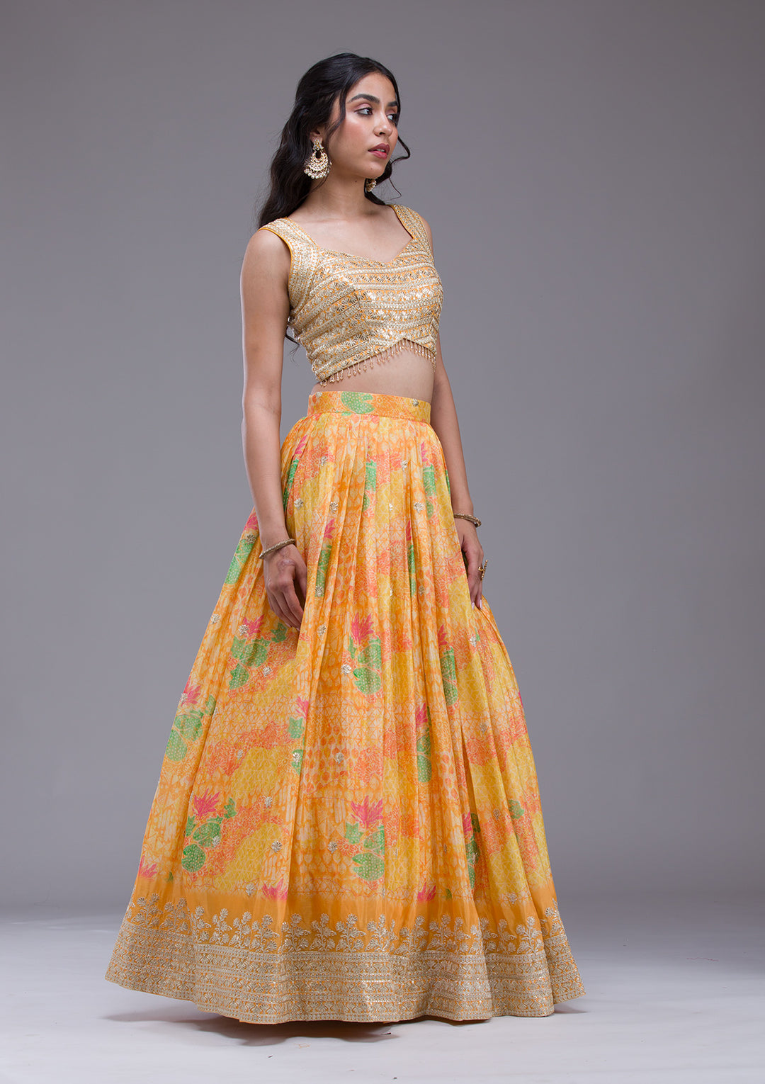 Mustard Sequins Georgette Readymade Lehenga