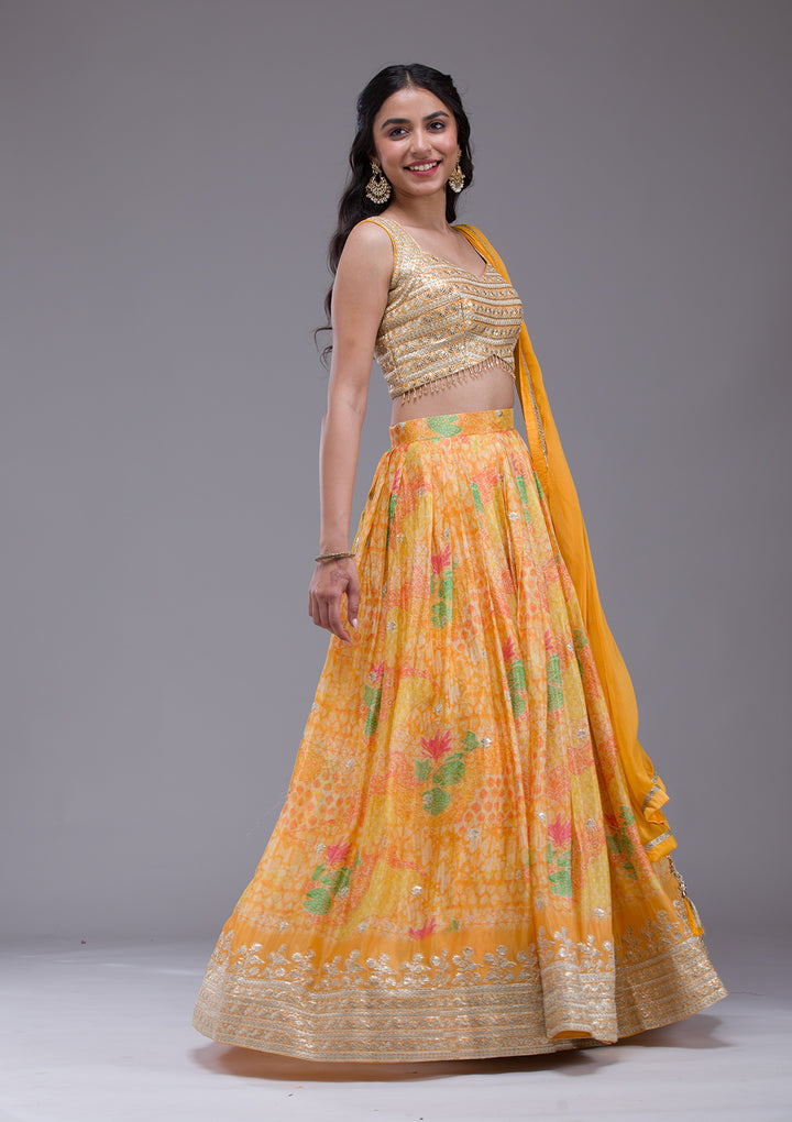 Mustard Sequins Georgette Readymade Lehenga