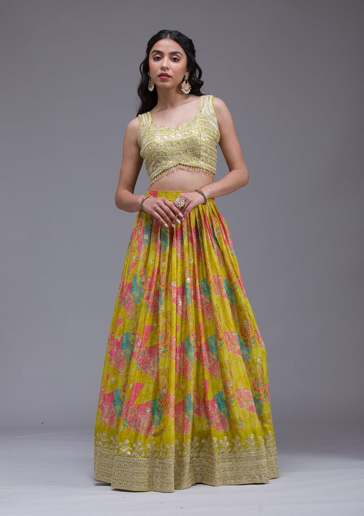 Parrot Green Sequins Georgette Readymade Lehenga