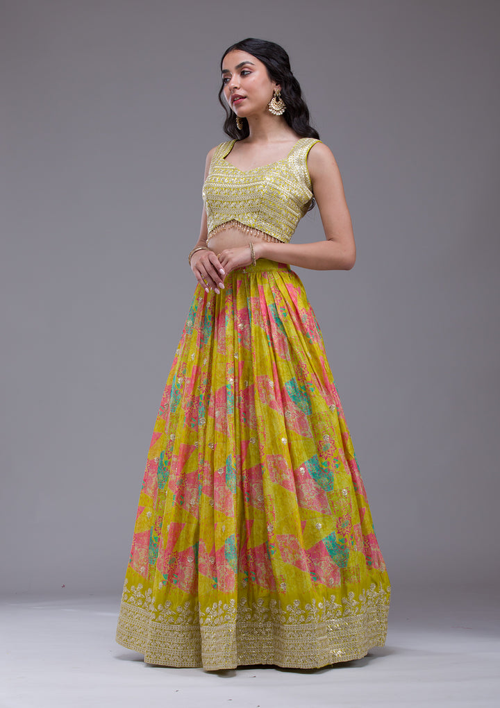 Parrot Green Sequins Georgette Readymade Lehenga