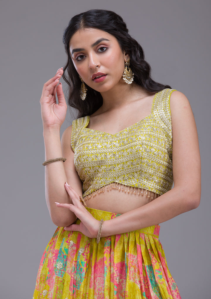 Parrot Green Sequins Georgette Readymade Lehenga