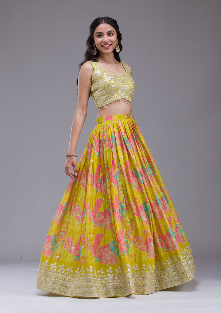 Parrot Green Sequins Georgette Readymade Lehenga