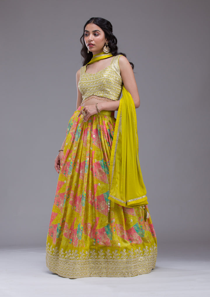 Parrot Green Sequins Georgette Readymade Lehenga