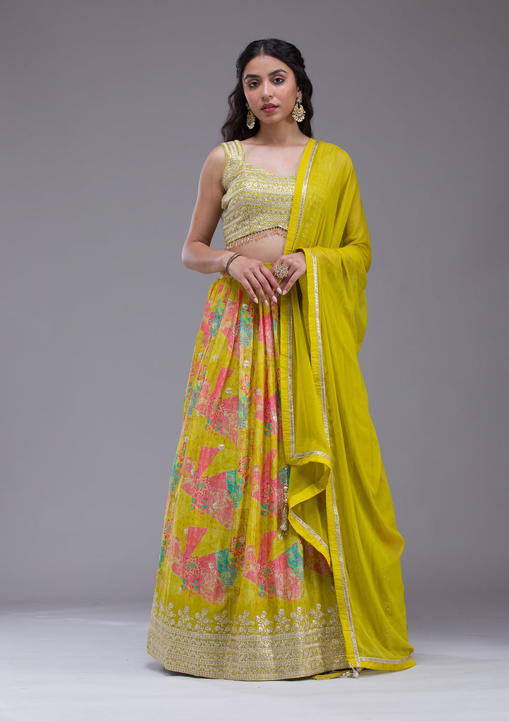 Parrot Green Sequins Georgette Readymade Lehenga