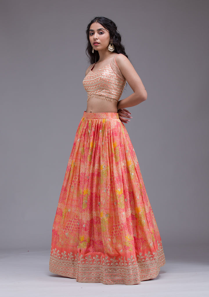 Koskii Georgette Orange Lehenga with Sequin Embroidery – Perfect for Festive Glamour