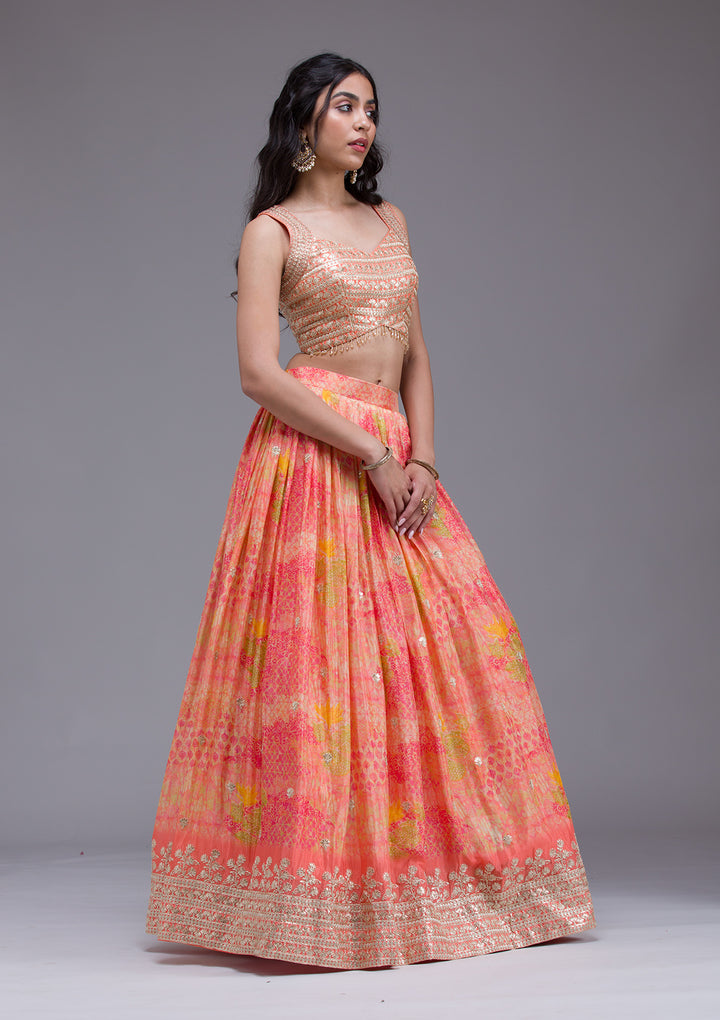 Koskii Georgette Orange Lehenga with Sequin Embroidery – Perfect for Festive Glamour