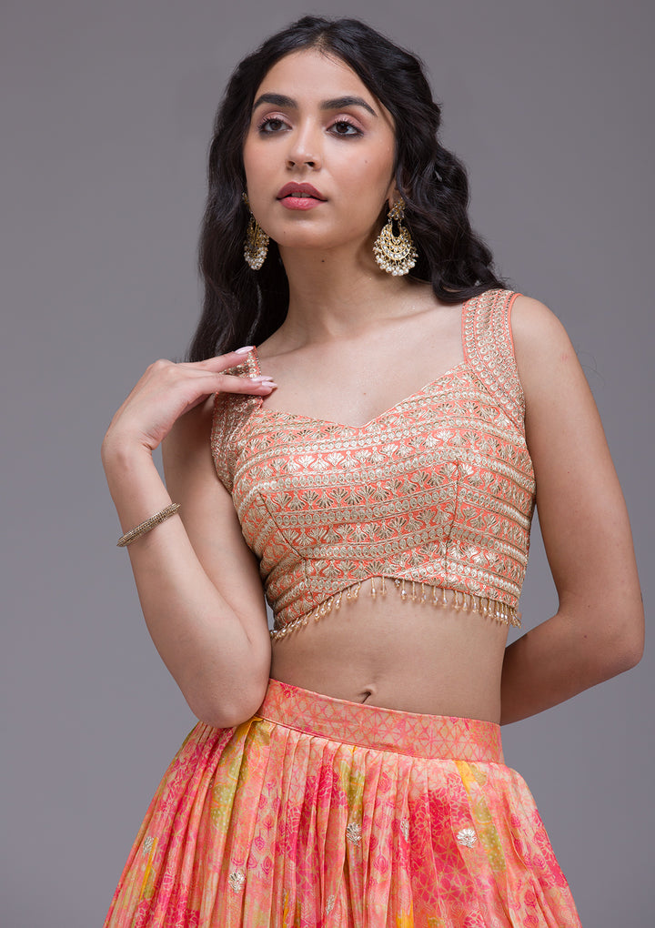 Koskii Georgette Orange Lehenga with Sequin Embroidery – Perfect for Festive Glamour