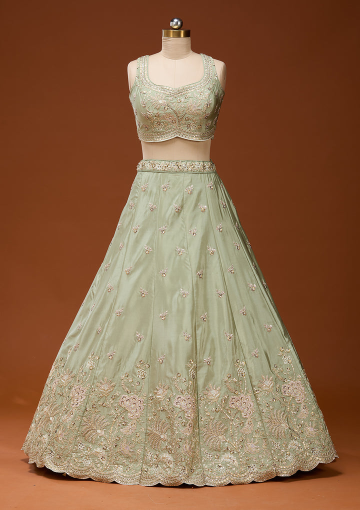 Pista Green Cording Satin Readymade Lehenga