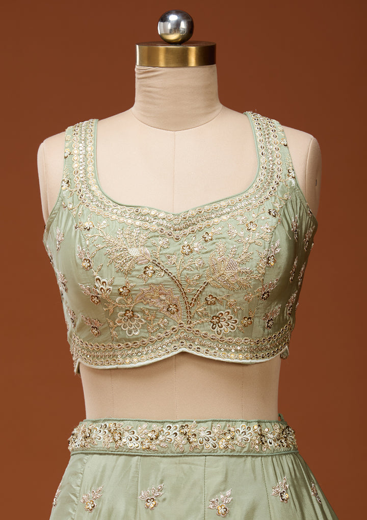 Pista Green Cording Satin Readymade Lehenga